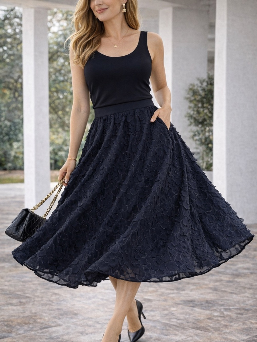 Catherine Malandrino Black Textured Midi Skirt Sz 8 ✨ Elegant A-Line Date Night